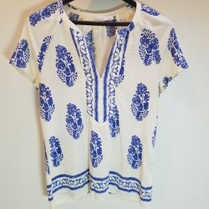 Fun 2 Fun Floral Motif White Blue Blouse Med